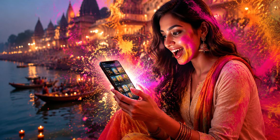 Mobile casino user enjoying payments during Holi festival in Varanasi